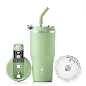 IDEUS Insulated Tumbler with Lid and Straw 18 oz, Stainless Steel Double-Wall Vacuum Leak-Proof Travel Coffee Mug, Cup Holder Friendly, Avocado Green