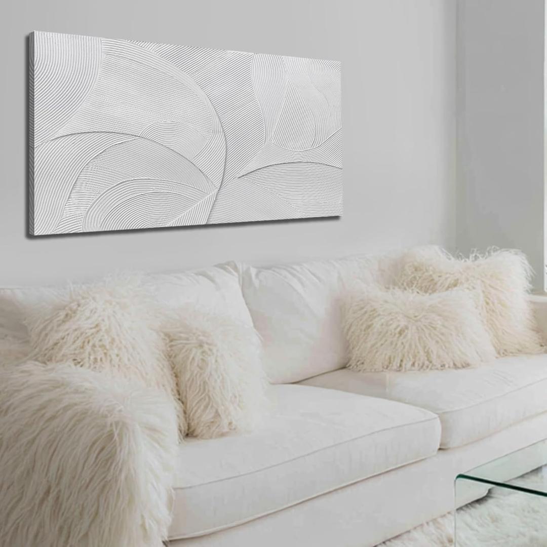 Framed Abstract Minimalist Wall Decor White Textured Wall Art for Living Room Hand Painted Modern Artwork for Office Bedroom Home 24x48 Inch