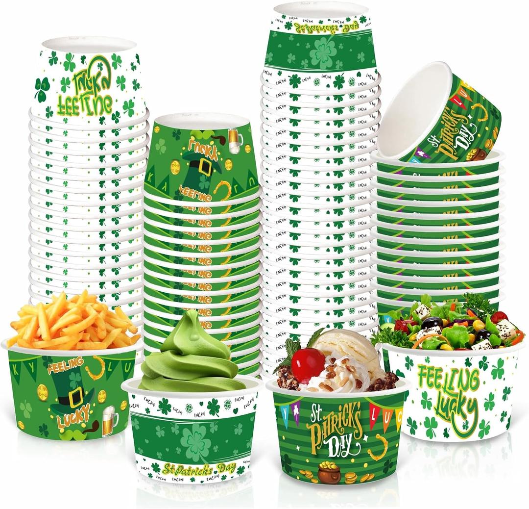 60PCS St Patrick's Day Paper Ice Cream Cups 8oz Treat Snack Cups Disposable Soup Bowls Green Shamrock Dessert Bowls for Hot Cold Food Irish St. Patrick's Day Party Supplies