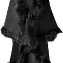 ZLYC Women Fine Knit Open Front Faux Fur Trim Layers Poncho Cape Cardigan Sweater (One Size, Black 2)