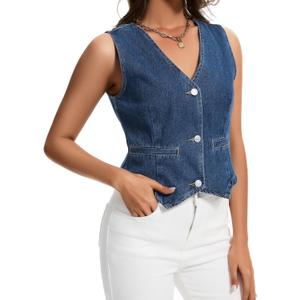 Womens Denim Vest Sleeveless V Neck Button Down Jean Jacket Y2K Summer Crop Tops (Medium, Blue)