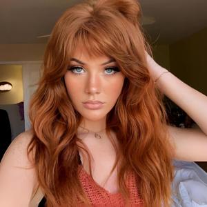 Orange Wig with Bangs,Ginger Wavy Wigs for Women,Copper Shoulder Length Curly Synthetic Hair Wig for Party Daily Use 18In