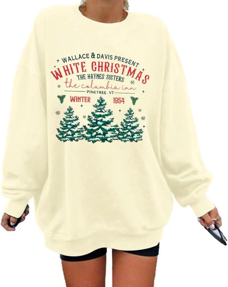 MYHALF Womens White Christmas Sweatshirt Crewneck Christmas Tree Graphic Shirts Oversized Xmas Pullover Sweater (Apricot)