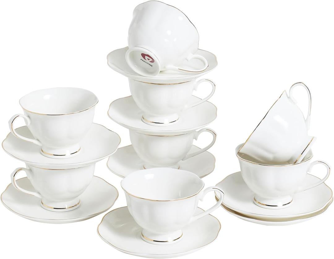 White Ceramic Tea Cup and Saucer Set of 8 (16-Piece) - 6oz Elegant Porcelain Cups with Gold Rim, 8 Cups & 8 Saucers for Tea Party