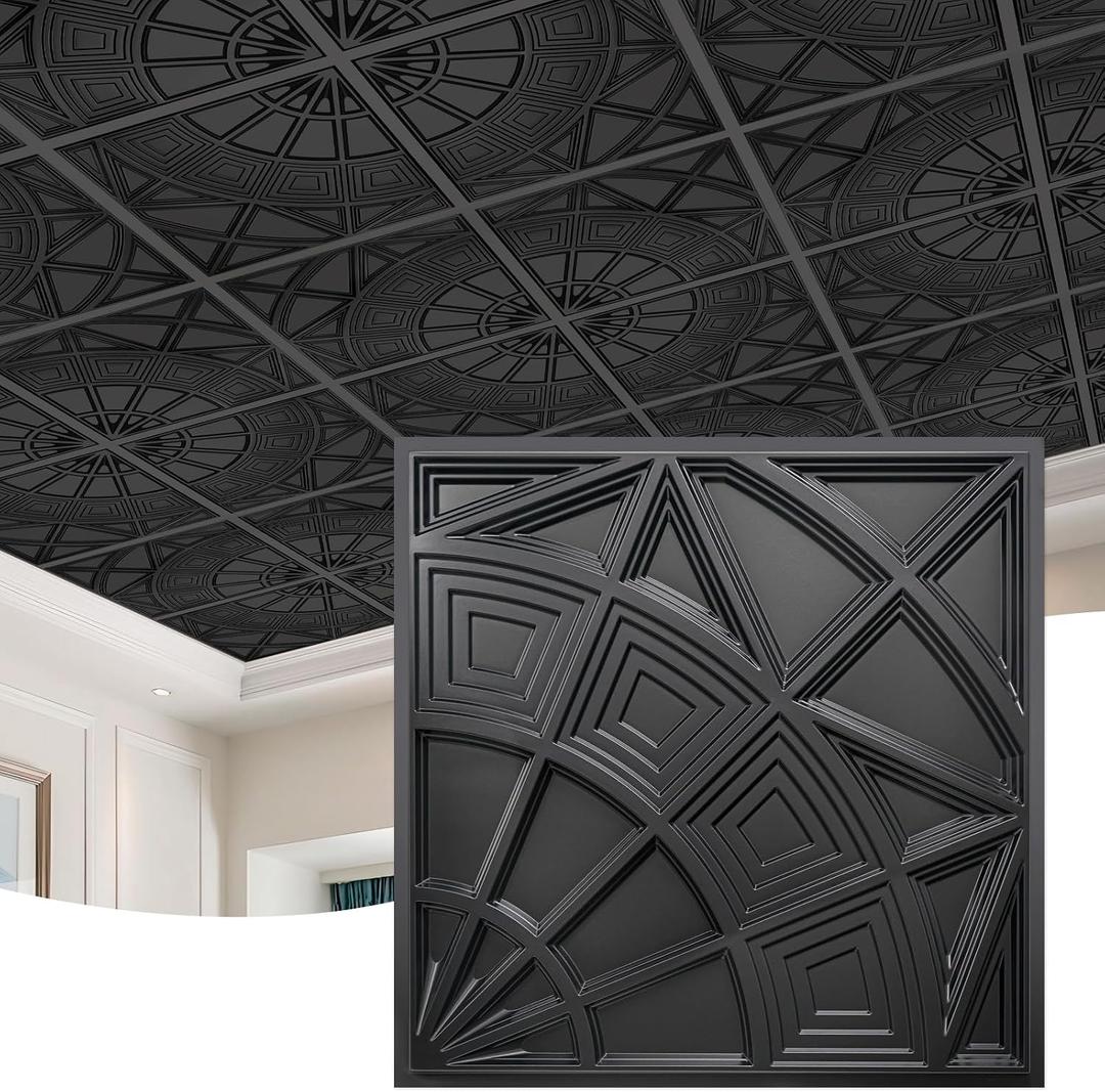 STICKGOO 3D Ceiling Tiles 24"x24", Modern Geometric Textured PVC Panels, Waterproof & Recyclable Drop or Glue-Up Decorative Ceiling Tiles for Home & Commercial Use (Pack of 12, Black)