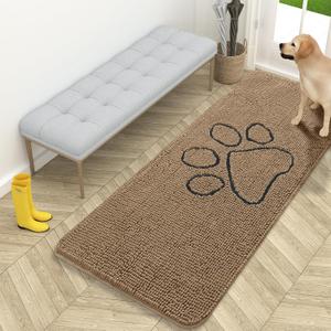 OLANLY Dog Door Mat for Muddy Paws 59x24, Paw Print Design, Absorbs Moisture and Dirt, Absorbent Non-Slip Washable Doormat, Quick Dry Chenille Mud Mat for Dogs, Entry Indoor Entryway Carpet, Tan