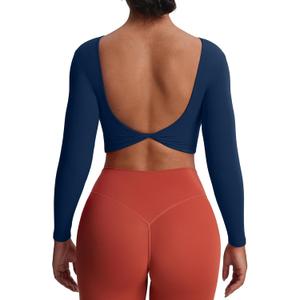 Aoxjox Long Sleeve Crop Tops for Women Emma Twist Back Workout Cropped T Shirt Top (Navy) M