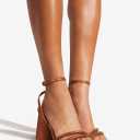 Women's Block High Heels Square Toe Heeled Sandals Ankle Strap Shoes (Brown) 8