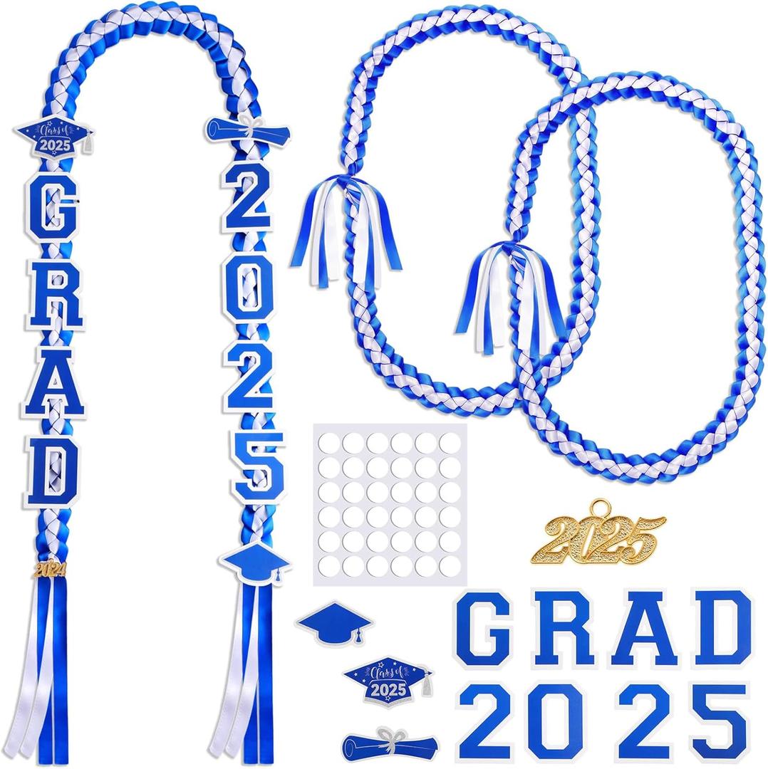 Yinkin Graduation Ribbon Leis Set Class of 2025 Handmade Double Braided Necklace Adjustable Includes Silk Leis Grad Cutouts 2025 Pendant for Graduation Party Accessories(Blue, White)