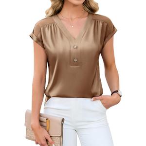 Blooming Jelly Womens Satin Silk Tops Pleated Dressy Casual Blouse V Neck Business Outfit Short Sleeves Summer Top (S)