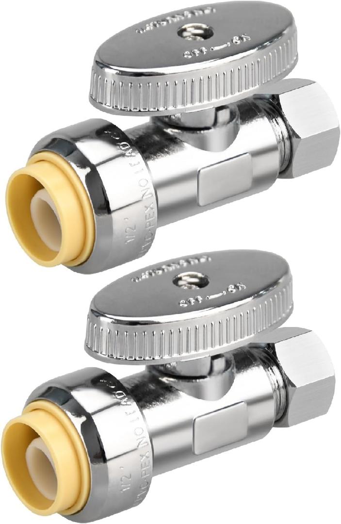 2pcs Stop Valves, 1/2" 3/8" Straight Stop Valve, 1/2" PTC Input, 3/8" OD Compression Output, Push to Connect, 1/4 Turn, Chrome Plated Brass for Faucet, No Lead