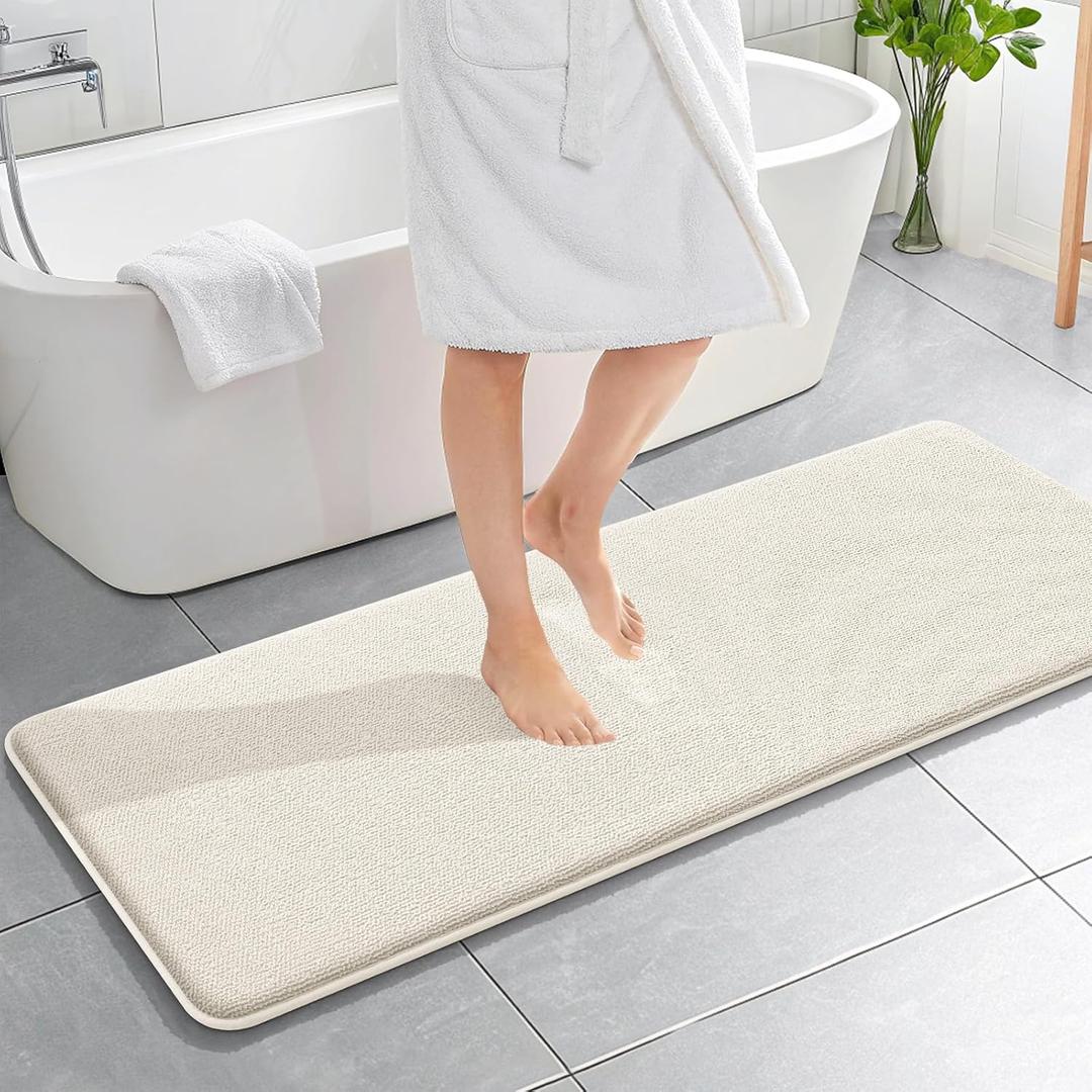OLANLY Thick Memory Foam Bath Mat Rug 59x20, Extra Soft Absorbent Bathroom Rug, Quick Dry Bath Mats, Non-Slip, Machine Washable Carpet for Bathroom, Tub and Shower, Home Decor Accessories, Ivory