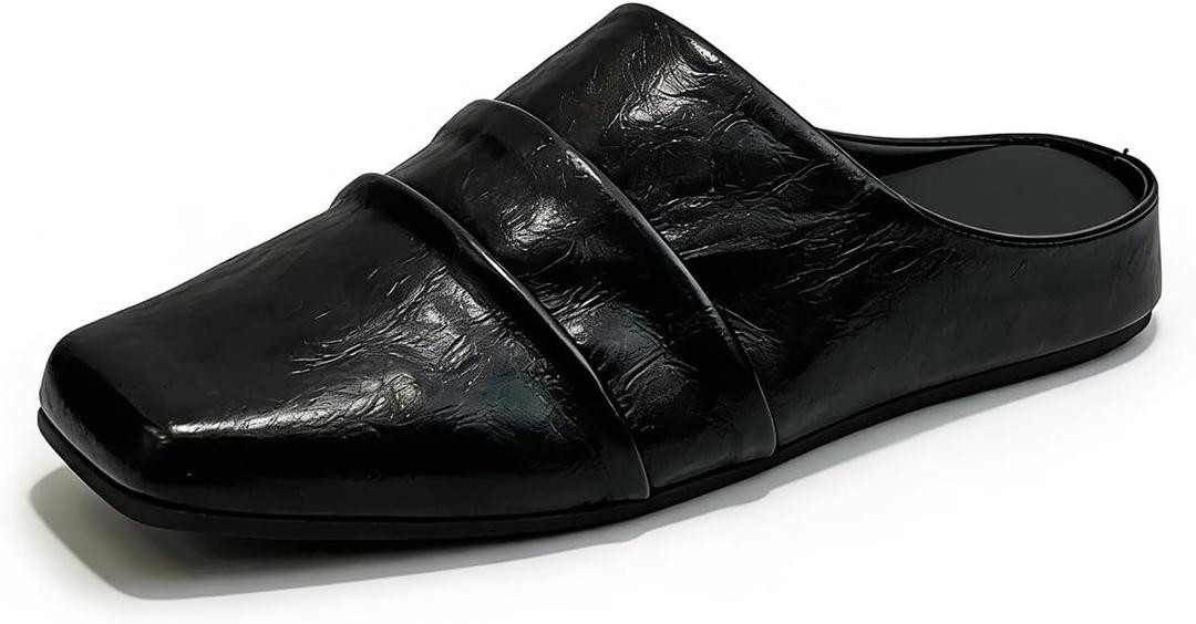 Women's Pleated Leather Flat Mules Vintage Comfortable Square Closed Toe Slip On Slippers Casual Work Walking Loafers 6