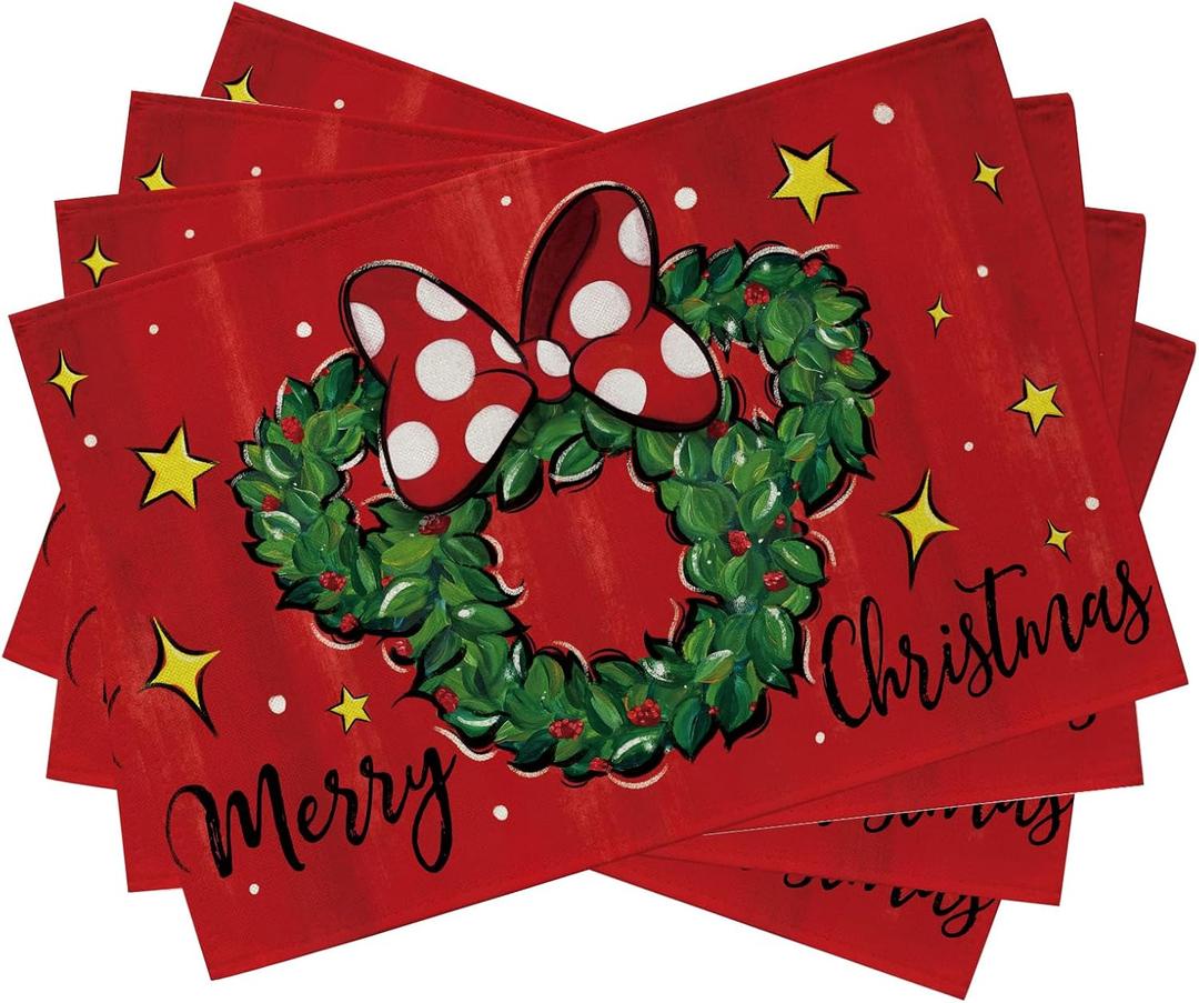 Seliem Merry Christmas Wreath Placemats Set of 4, Xmas Polka Dot Bow Holly Berry Red Dining Table Place Mats, Winter Star Holiday Kitchen Decor Party Home Decoration 12 x 18 Inch