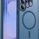 Ezanmull for Samsung Galaxy S25 FE Case Magnetic Shockproof, [Fit for MagSafe] [Glass Screen Protector + Camera Lens Protector] Translucent Anti-Fingerprint (Blue)