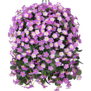 Artificial Fake Hanging Flowers with Basket for Outdoor Decoration,UV Resistant Faux Silk Light Fuchsia and Fuchsia Orchid Flowers Vines in Planter Realistic Hanging Baskets for Home Porch Garden