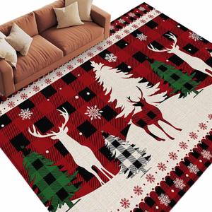 Christmas Red 5x7 Area Rugs for Living Room, Black Plaid Reindeer Xmas Tree Silhouette Non Slip Floor Mat Washable Low-Profile Indoor Carpet for Bedroom, Dining Room, Bathroom