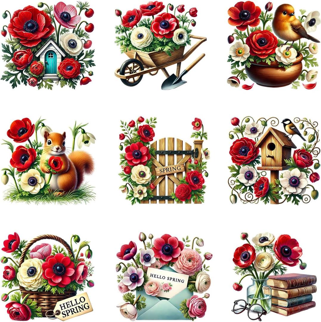 9Pcs Spring Flowers Iron on Decals for Clothing DIY Heat Transfer Vinyl Stickers for T-Shirt Jeans Pillow Cover Craft Appliques Decor