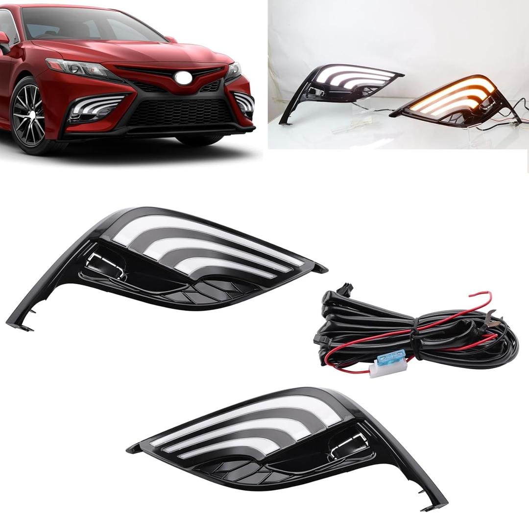 MotorFansClub LED 2 Colors White Amber Daytime Running Lights Sequential Flash Turn Signal Fit for Camry SE XSE 2021 2022 2023 2024 Accessories Front Fog lamps Driver and Passenger Side