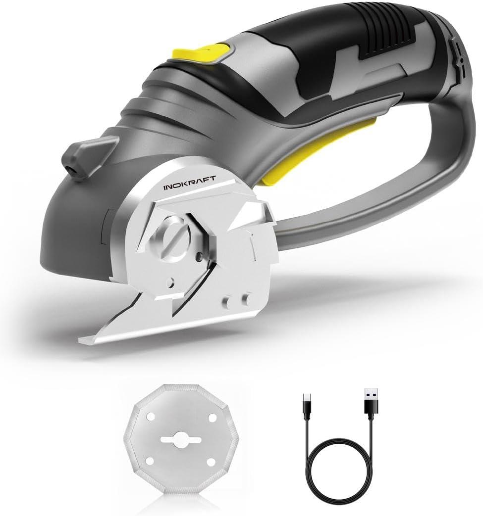 InoKraft Cardboard Cutter,Cordless Electric Scissors with Safety Button, 300 RPM High-Speed Rotary Cutter for Fabric, Cardboard, Plastic, Leather, Electric Box Cutter with LED Light, 4V Li-ion Battery