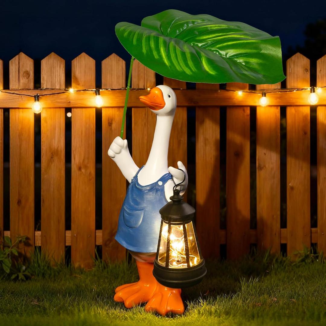 Goose Garden Statues Porch Goose Statue Holding Leaf with Solar Lantern Front Porch Yard Lawn Spring Outdoor Decorations Duck Easter Christmas Birthday Gifts for Mom Women