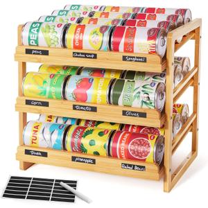 Bamboo Can Organizer for Pantry, 3 Tier Stackable Can Storage Organizer Pantry with Label Sticker and Marker Pen, Can Holders for Cabinet and Can Rack Organizer (Natural Bamboo)