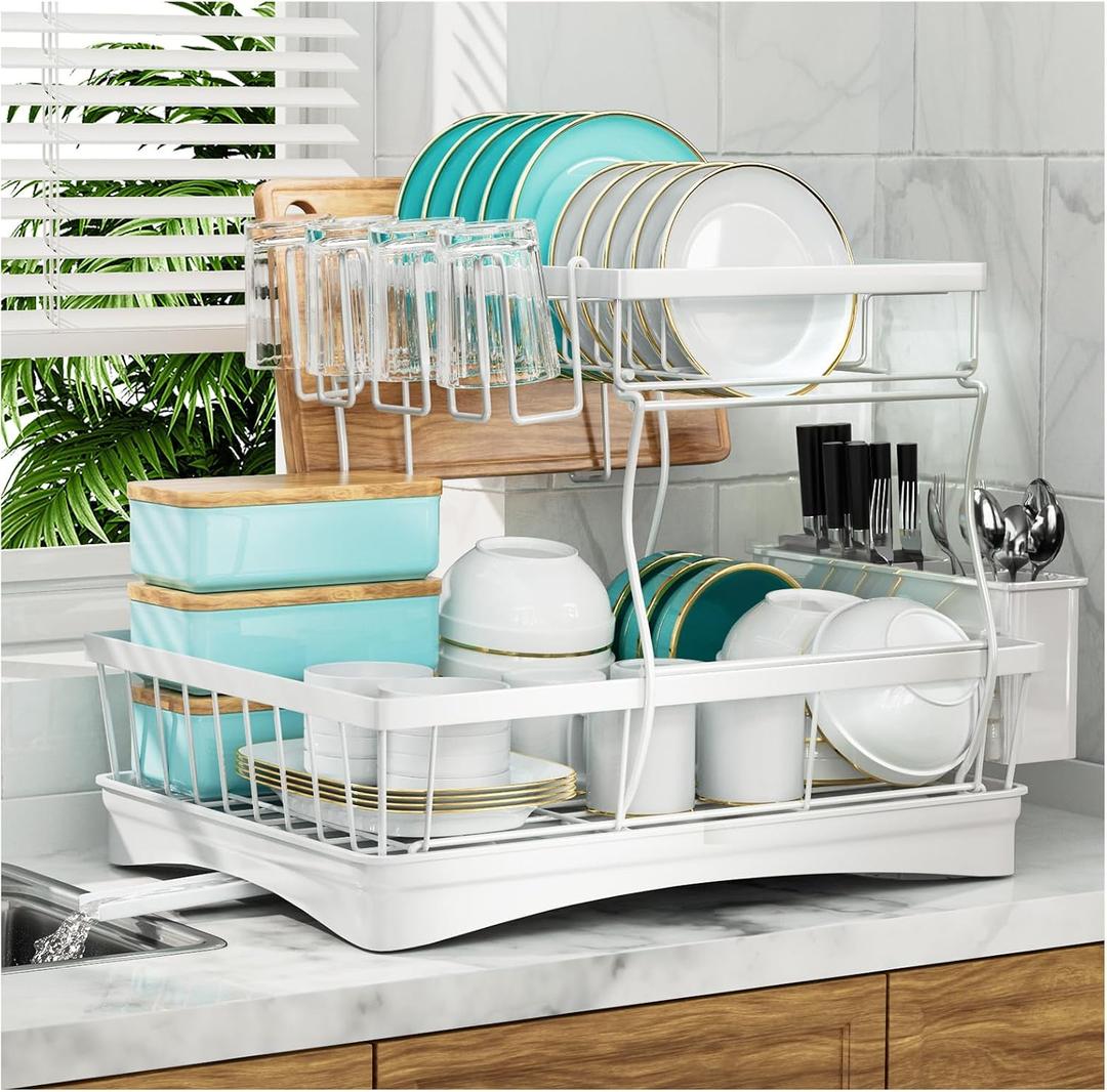 7 code Large Dish Drying Rack, 2-Tier Dish Racks for Kitchen Counter, Detachable Large Capacity Dish Drainer Organizer with Utensil Holder, Dish Drying Rack with Drain Board, White