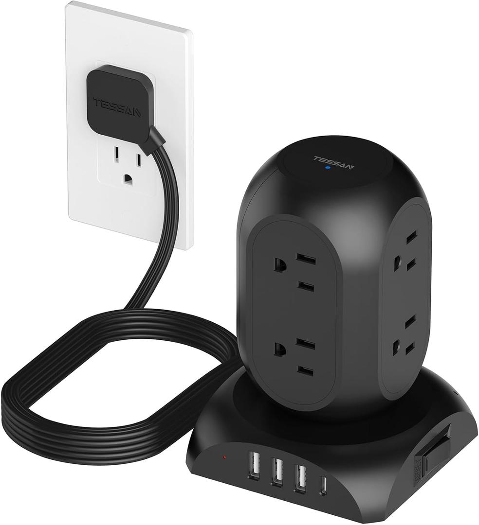 TESSAN Surge Protector Power Strip Tower, Flat Plug Extension Cord 10 Ft with 8 AC Multiple Outlets 4 USB Ports (1 USB C), 1050J Protection Desk Charging Station for Home, Office, Dorm Room, Black (Square Bottom)