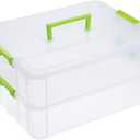 JUXYES 2-Tiers Stack Carry Storage Box With Handle, Transparent Stackable Storage Bin With Handle Lid Latching Storage Container for School & Office Supplies (Green)