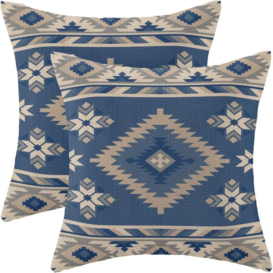 CXMEIFLY Boho Aztec Pillow Covers 22 x 22 Inch Set of 2 Western Native American Blue Beige Geometry Decor Throw Pillows Southwestern Outdoor Decorative Cushion Cases for Couch Bed Decorations