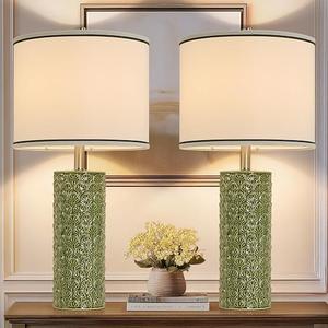 27" Tall Farmhouse Table Lamp Set of 2, Large Ceramic Bedside Lamps for Bedroom Living Room, 3-Color Temperature Dimmable Nightstand Lamps with Bulbs Included, Modern Home Decor (Light Green)