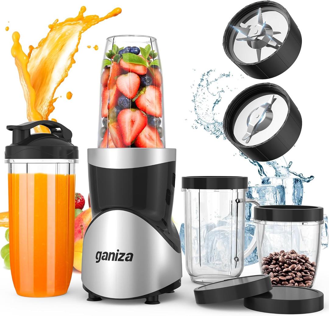 Ganiza Smoothie Blender, 900W Blenders for Shakes and Smoothies, 15-Piece Personal Blender and Grinder Combo for Kitchen, Smoothies Maker with 4 BPA-Free Portable Cup, Nutritious Recipe (Black)