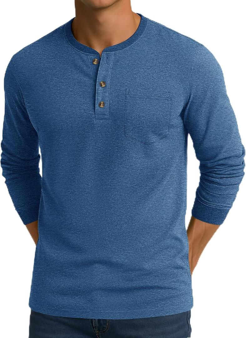 CRYSULLY Mens Long Sleeve Shirt Cotton 3 Button Pocket T-Shirts Casual Stylish Lightweight Pullover Shirt (X-Large, Medium Blue)