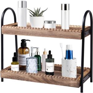 Bathroom Countertop Organizer, 2 Tier Vanity Organizer and Storage for Cosmetic Skincare Perfume, Wood Bead Storage Shelf for Bathroom Kitchen Coffee Station