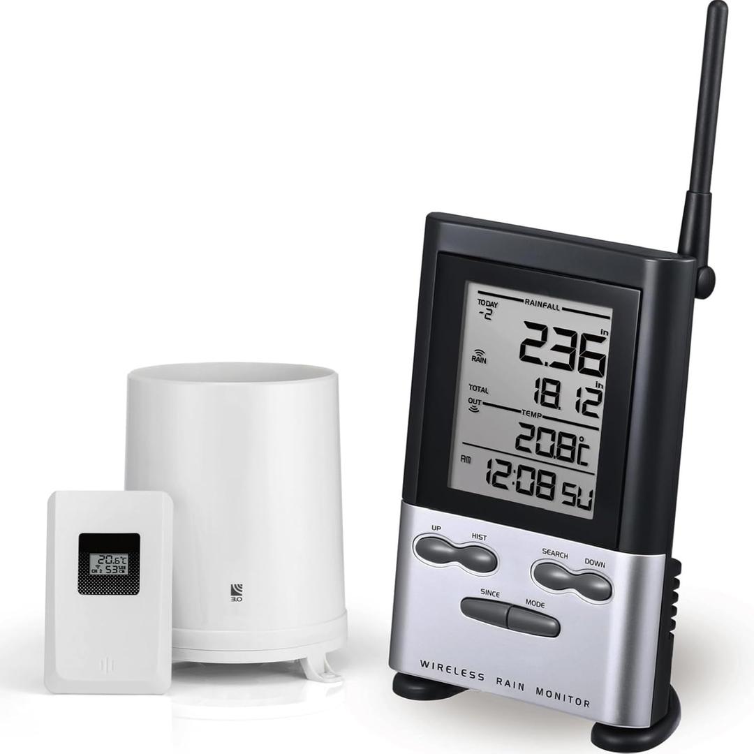 Wireless Rain Gauge Outdoor with Thermometer, Digital Rain Gauges Outdoors Best Rated with Self-Emptying & Freeze Proof, Accurate Remote Rain Measure Gauge, Automatic Outside Rain Gauge for Yard