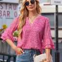 Womens Work Office Tops 3 4 Half Sleeve Dressy Casual Blouses for Women Business Casual Ruffle Sleeve Party Evening Dress Up Chiffon Floral Printed Going Out Modest Clothes Pink Floral Large (Pink, L)
