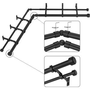 Black Double Corner Window Curtain Rods with Aluminum End Cap Finials and Brackets,1 Inch Diameter Dual Bay Window Curtain Rods, Adjustable 2 Sided 32-86 Inch Double Drapery Rod