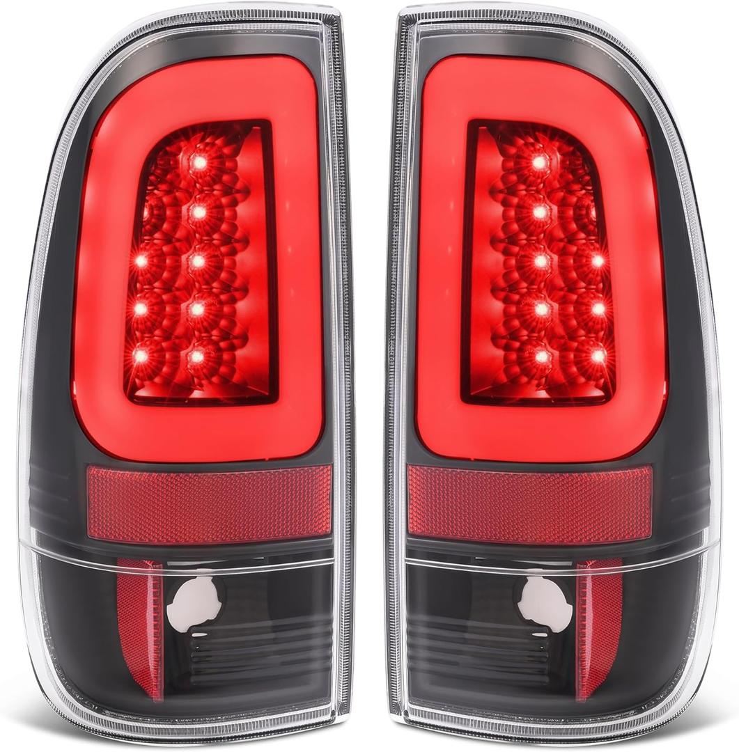 KUAFU Pair LED Tail Lights Compatible with 1997-2004 Ford F150 1999-2007 F250 F350 F450 F550 Super Duty Replacement for F85Z13404CA F85Z13405CA LED Tube Bar Tail Lamp Brake Black Housing & Clear Lens
