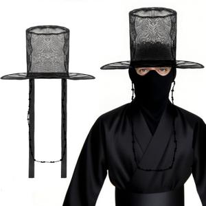 Black Mesh Top Hat with Beaded Strings, Korean Gat Hat Costume Accessory