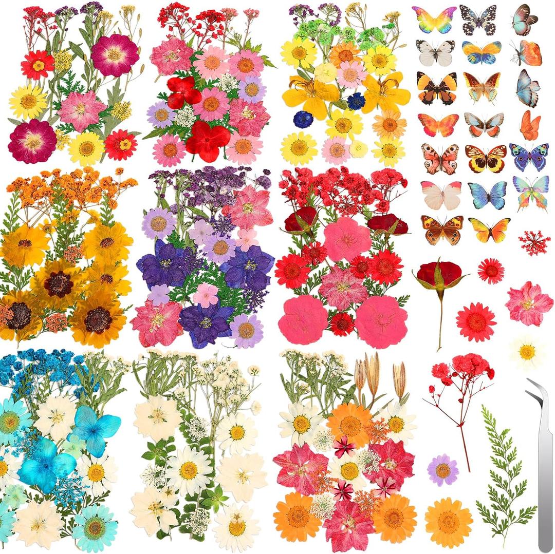 235 Pcs Pressed Dried Flowers for Resin, Natural Real Dried Pressed Flowers for Crafts, Bulk Dry Flowers for Resin Molds, Candles, DIY Art Jewelry Making with Tweezers Butterfly Stickers Set Decorate