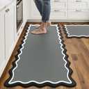 Scalloped Black Gray Kitchen Mats Rugs Sets of 2 Cushioned Anti Fatigue Floor Mat Waterproof Kitchen Rugs Non Slip Foam Comfort Standing Mat for Sink Laundry (17.3"x30"+17.3"x47")