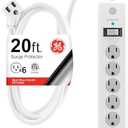 GE Surge Protector Power Strip, 20 Ft Extension Cord, 6 Outlet Extender, 800 Joules, Flat Plug, Twist-to-Close Safety Covers, ETL Listed, White, 50770
