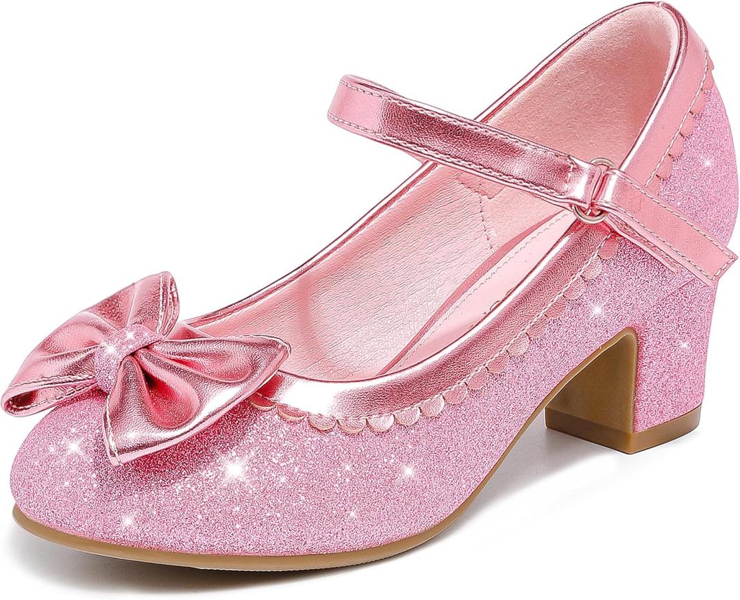 Princess Shoes High Heel Toddler Girls Dress Shoes Cute Bowknot Sparkle Mary Jane Flower Girls Wedding Birthday Party Prom for Little Big Kids (Pink Shimmer, 13 Little Kid)