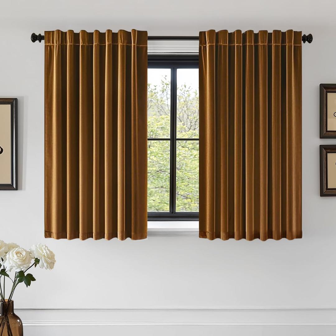 EMEMA Golden Brown Velvet Curtains 45 Inch Length 2 Panels Set Room Darkening Luxury Back Tab and Rod Pocket Thermal Insulated Window Drapes for Bedroom Living Room W40 x L45