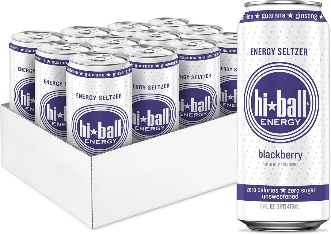 Hiball Clean Energy Seltzer Water, Caffeinated Sparkling Water Made with Vitamin B12 and Vitamin B6, Sugar Free 16 Fl Oz (Pack of 8), Blackberry