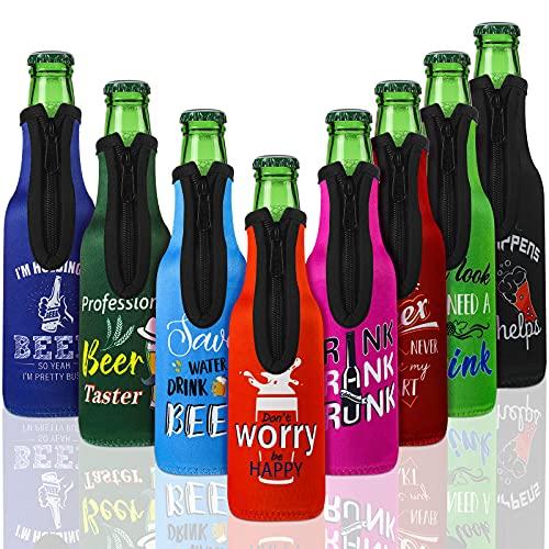 Perthlin 8 Piece Summer Beer Bottle Insulator Sleeve with Zipper Neoprene Insulated Jackets Keep Warm and Cold Beer Bottle Sleeves with Stitched Fabric Edges for Party
