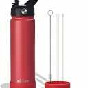 Insulated Stainless Steel Water Bottle with Straw, Ceramic-Lined, BPA-Free & Leak-Proof, 24 oz, Red