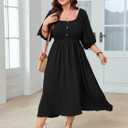 SHESTARR Women's Plus Size Casual Dresses Square Neck Button Up Smocked 3/4 Puff Sleeve Empire Wasit A-line Flowy Midi Dress (Black, XXL)