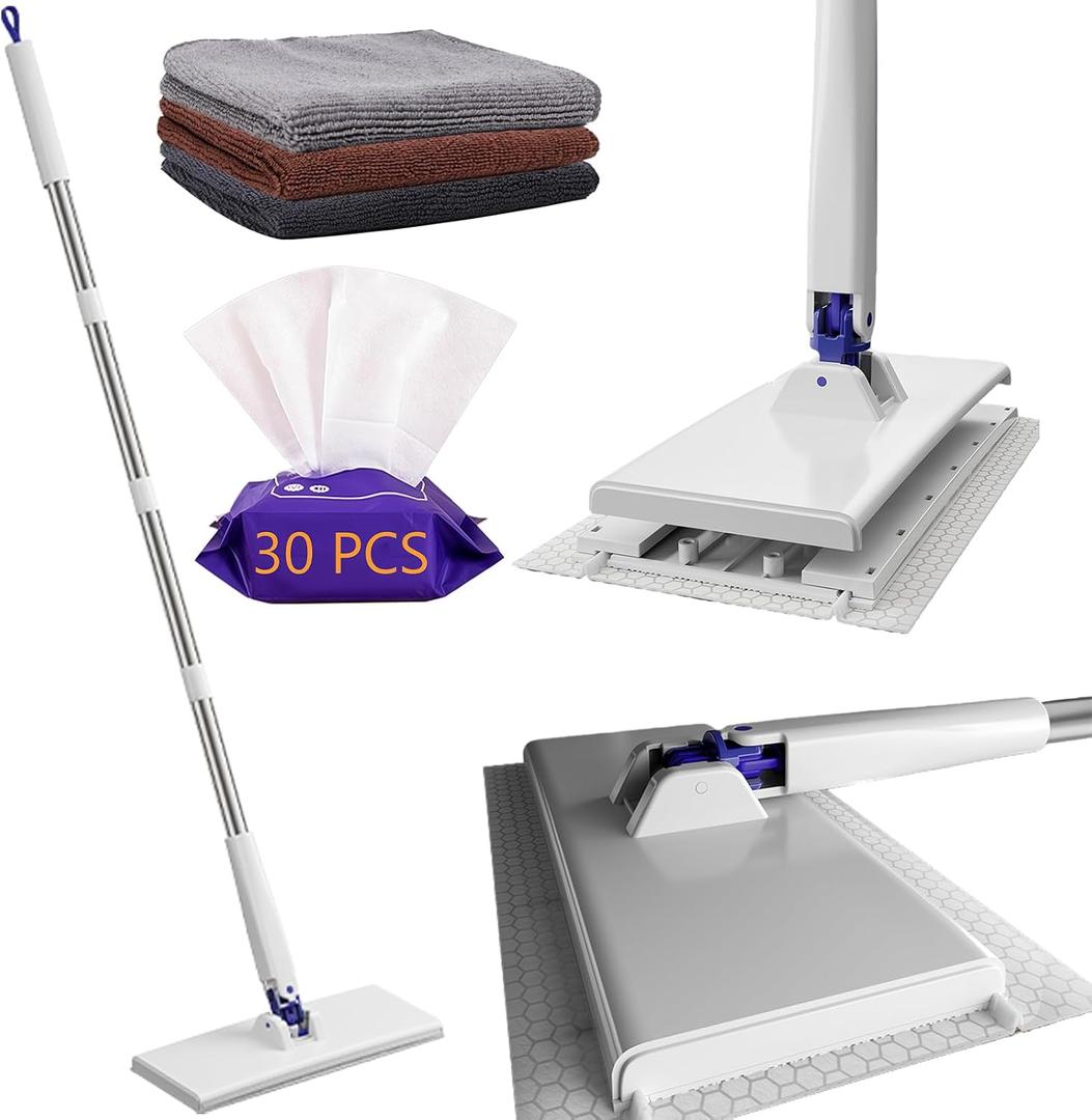 RIGONE Snap Grip Mop 49" Hands-Free Flat Mop, Zero Touch 35pc Kit w/ 30 Dry Wipes & 3 Matching Cloths (Random Color), Universal for Floor Wall Window Hardwood