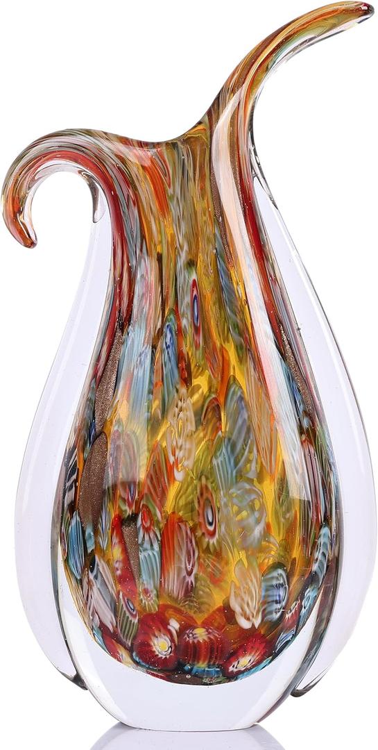 Blown Glass vase, Unique Murano Style Glass Art Deco vase for Living Room TV Stand, Table Setting, Office, Room and Desktop Decorations and Ornaments.